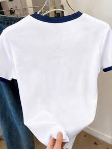 Teen Girl Cropped Round Neck Short Sleeve T-Shirt, Retro USA Flag Print, Suitable For Summer - Multicolor - View 2