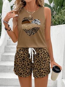 EMERY ROSE 大码女式豹纹爱心图案圆领背心和短裤休闲两件套 女式度假套装 女式两件套夏季套装 猎豹纹套装 女式短裤套装 女式夏季两件套 女式夏季套装 女装套装 女式两件套休闲套装 - 彩色 - 查看 3