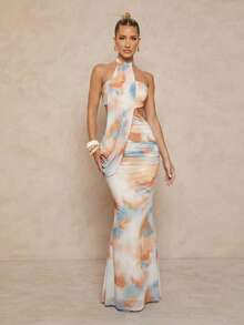 Lumalex Women's Beige Summer Casual Holiday Vacation Fish Tail Bodycon Dress, Elegant Wrap Asymmetric Flounce High Waist Boho Richly Layered Banquet Dress - Multicolor - View 2