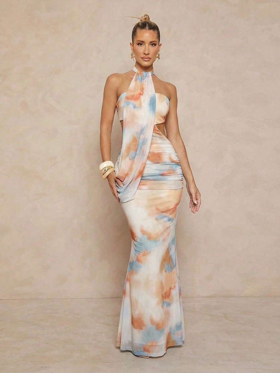 Lumalex Women's Beige Summer Casual Holiday Vacation Fish Tail Bodycon Dress, Elegant Wrap Asymmetric Flounce High Waist Boho Richly Layered Banquet Dress