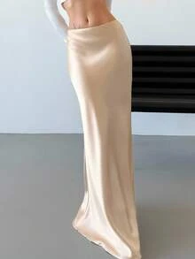 SHEIN Tall 情人节新款优雅浪漫复古精致长款美人鱼裙，高腰设计，金色缎面面料，春夏仙气十足，适合毕业典礼、教师节、返校季等场合穿着。 - 淺粉色 - 查看 5