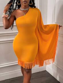 Glyssa Vestido curto feminino sexy com um ombro só e franjas. - Laranja - Ver 6