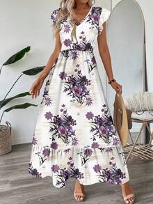 EMERY ROSE Đầm casual đi nghỉ mát cho nữ, cổ chữ V, tay ngắn và gấu đầm có bèo nhún, in họa tiết. - Nhiều màu - Xem 4