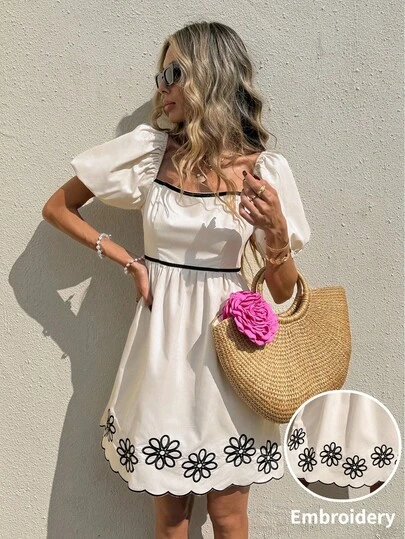 SHEIN Frenchy Women's Summer Casual Vacation Floral  Scalloped Shell Trim Embroidery Mini Dress ,Summer Classy Summer Dress Vacation Dress Woman Vacation Outfits Woman Resort Wear ,Summer Dress