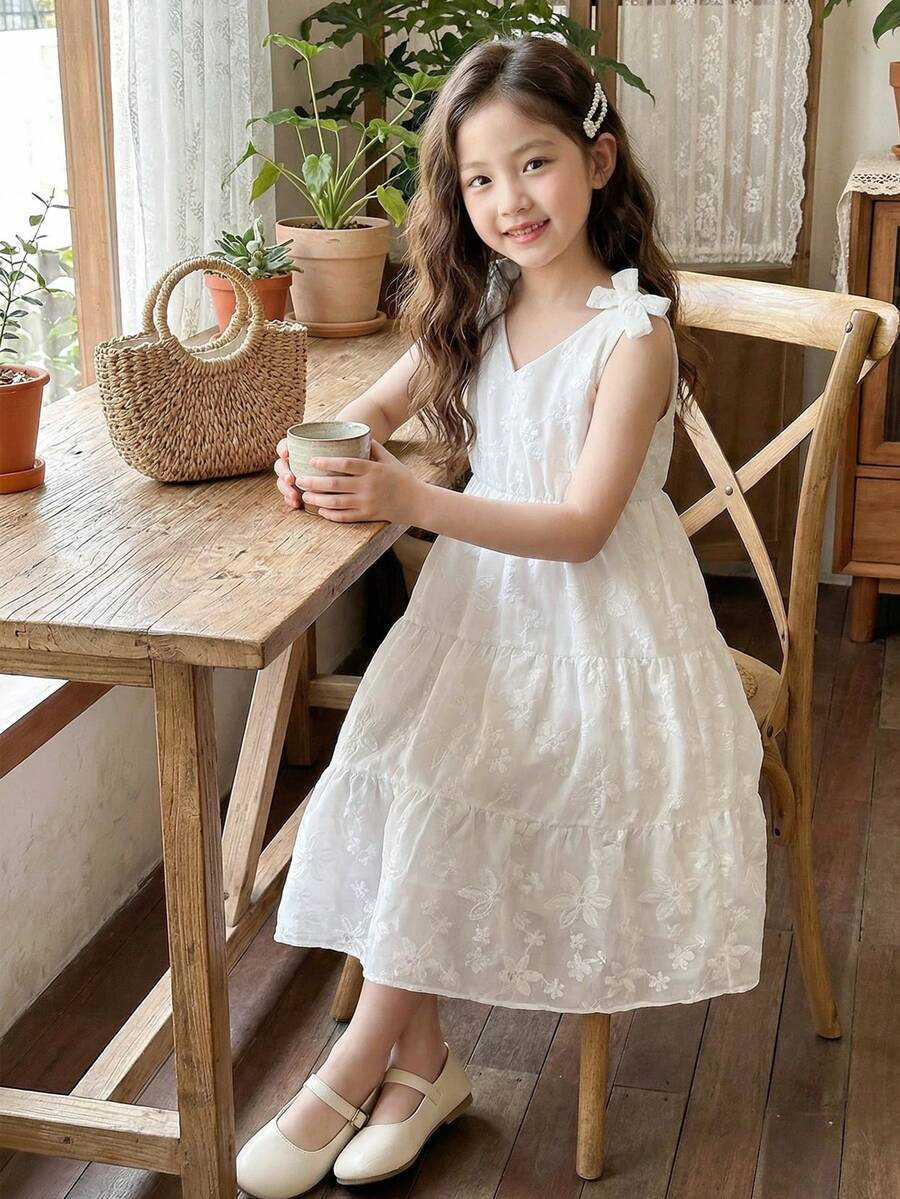 SHEIN Vintaside Kids 女童蕾丝边蝴蝶结吊带度假连衣裙，白色 - 白色 - 查看 1