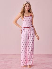 Bonmuse 2pcs Contrast Trim Camisole & Bowknot Cherry Print Women Knit Pajama Set - Multicolor - View 1