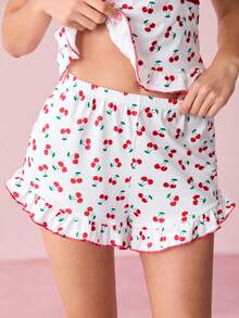 Bonmuse Cherry Printed Frilled Trim Decor Women Pajama Set Holiday Seasonfor Summer - Multicolor - View 7