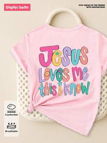 SHEIN 年轻女孩口号印花圆领短袖宽松休闲 T 恤 - 粉色 - 查看 7