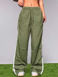 SHEIN Unity Women's Dance Print Drawstring Waist Oblique Pocket Sports Pants - Olive Green - View 4