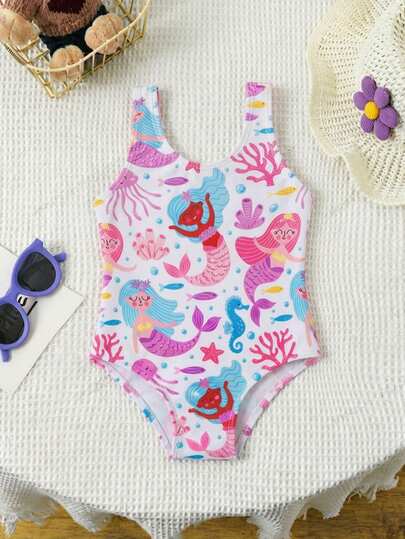SHEIN GraphicGems Bañador de una pieza con estampado para niñas, adecuado para la playa y la piscina, vacaciones de verano