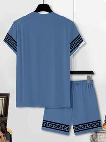 Manfinity Homme Conjunto de camiseta de manga corta de cuello redondo y pantalones cortos con estampado de letras y geométrico, informal para hombre, verano - Multicolor - Ver 2