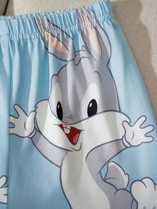 LOONEY TUNES X SHEIN Conjunto de pijama informal para bebé niño con estampado de dibujos animados, blusa de cuello redondo de manga corta y pantalones cortos - Celeste - Ver 4