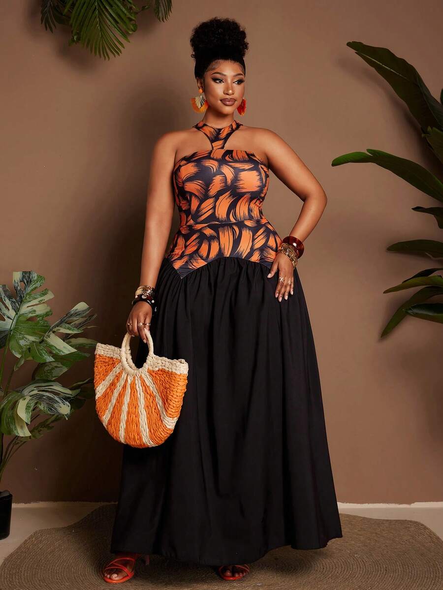 Maweii Women's Plus Size Black Summer Boho Formal Evening Vacation Holiday Floral Print Halter Neck Maxi Dress,Elegant Spaghetti Strap A-Line Resort Wear - Multicolor - View 1