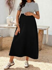 SHEIN 孕妇纯色、条纹、拼接休闲日常连衣裙 - 黑與白 - 查看 2