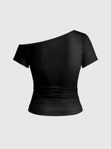 ROMWE Grunge Punk Women's Y2K Retro British Flag Print Rhinestone Rivet Oblique Shoulder Tight Fitting Short Sleeve Top - Black - View 2