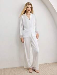 Ocili Women's Solid Color Long Sleeve Single-Breasted Top And Pants Pajama Set - White - View 6