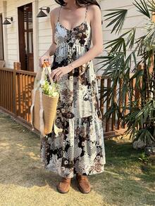 Livesso Robe d'été en mousseline de soie bohème à fleurs Ditsy, patchwork sans manches. Robe midi décontractée pour les vacances à la plage. Robe d'été bohème pour femmes - Bleu marine - Voir 7