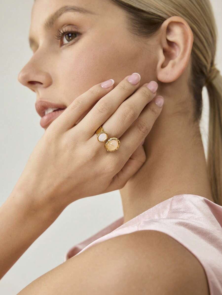 MOTF PREMIUM PRE18K GOLD-PLATED NATURAL PINK STONE TEXTURE RETRO NICHE RING - Yellow Gold - View 1