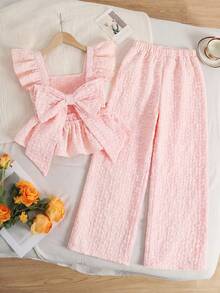 SHEIN 2 piezas Conjunto informal de camisa y pantalones con recorte de volantes y patchwork para niñas preadolescentes - Rosa Pálido - Ver 2