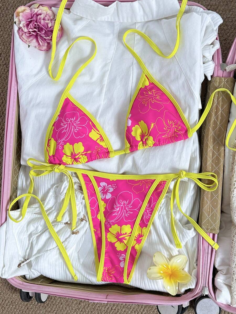 Swim Mod 女士休闲度假沙滩两件套比基尼泳装,女士比基尼套装,女士泳衣套装,泳装,花卉节服装,女士派对服装,沙滩装,婚礼宾客礼服,女士优雅连衣裙,可爱性感比基尼,夏季新品,粉色和黄色 - 彩色 - 查看 1