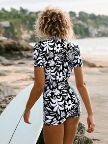 Swim SPRTY 女士花卉性感紧身运动连体泳衣，沙滩装 - 黑色 - 查看 2