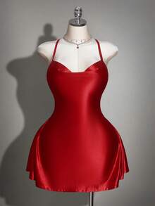 SHEIN ICON 大码女式纯色性感露背吊带垂褶领连衣裙，夏季 - 紅色 - 查看 3