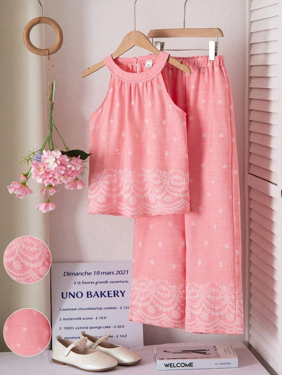SHEIN Tween Girls' Blue Vacation Style Comfortable Halter Neck Shirt + Pants Set, Embroidery & Placement Print Bohemian Style, Suitable For Beach Holiday - Pink - View 1