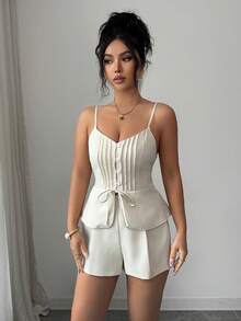 Selianne Bộ đồ công sở thanh lịch dành cho nữ, gồm áo hai dây dáng ôm, dây mảnh, xếp ly, thắt eo phía trước, quần ống rộng cạp cao hai dây, bộ vest thường ngày cổ điển cho nữ mùa xuân/hè, áo hai dây và áo nịt eo thiết yếu cho việc đi làm và du lịch. - Màu be - Xem 6