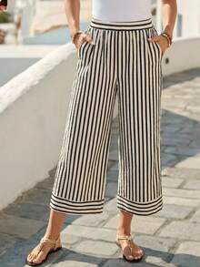 Faunlyn 女士休闲条纹印花松紧腰宽松阔腿裤夏季女式宽松裤 - 彩色 - 查看 5