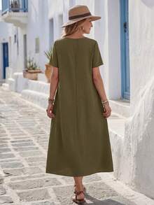 Faunlyn Women's Casual Solid Color Double Pocket Dress - Green - View 2