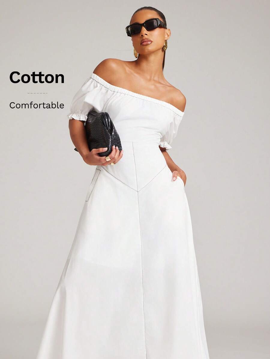 NYA SZN Đầm maxi trễ vai với đường may tương phản - trắng - Xem 1