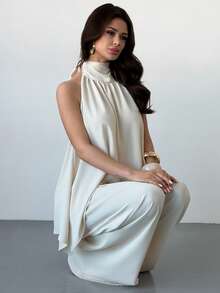 Firerie Women's Elegant Minimalist Comfortable Fashion Vacation Bohemian Commute Urban Modern Casual Halter Backless Draped Blouse And High Waist Wide Leg Flowing Pants Two Pieces Set, Apricot - Apricot - View 7