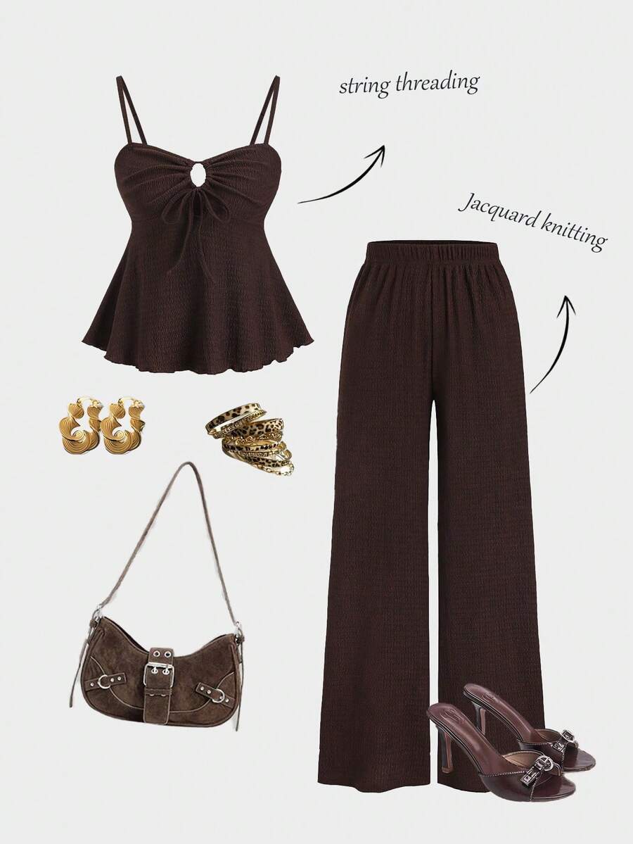 Sweetra Women's Khaki Casual Tie-Up Camisole Top & Comfortable Wide Leg Straight Pants 2 Pieces Set, Spring/Summer Chocolate Brown Top Dark Brown Top - Coffee Brown - View 1