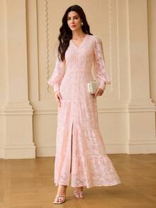 ZEYLAH JACQUARD SPLIT THIGH DRESS - Pink - View 5