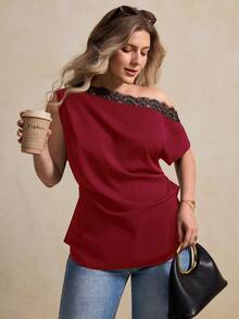 Elegantrix Plus Size Women Elegant Lace Trim Asymmetric Collar Blouse, Suitable For Office, Casual, And Vacation Wear, Spring/Summer - Red - View 3