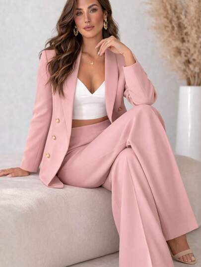 Conjunto 3 piezas blazer botones top escote corazon pantalon pierna amplia outfit elegante femenino