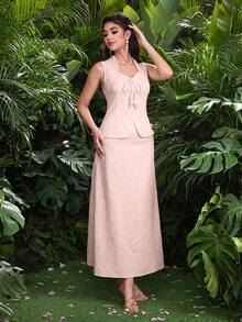 Modelyn 女士春夏提花面料时尚领饰收腰优雅两件套 - 粉色 - 查看 6