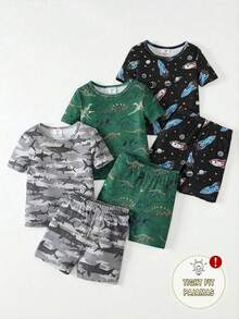 6件套幼儿男童贴身睡衣套装，图案包括海洋鲨鱼、恐龙、火箭和行星，采用柔软舒适的弹力面料制成，色彩鲜艳明快，适合儿童穿着。 - 深灰色 - 查看 5