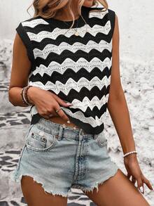 SHEIN LUNE 女士时尚休闲撞色条纹毛衣背心 - 黑與白 - 查看 3