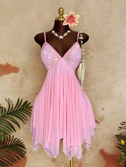 Sunspun 大码纯色时尚抹胸吊带露背连衣裙