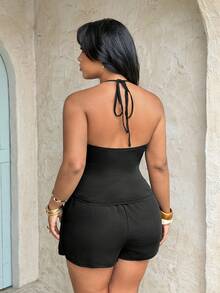 Rustia Plus Size Women's Black Solid Color Spaghetti Strap Camisole, Suitable For Vacation, Outing, And Everyday Sexy Wear - Black - View 2