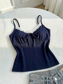 SHEIN 少女撞色蕾丝前系带荷叶边吊带背心 - 藏蓝色 - 查看 2