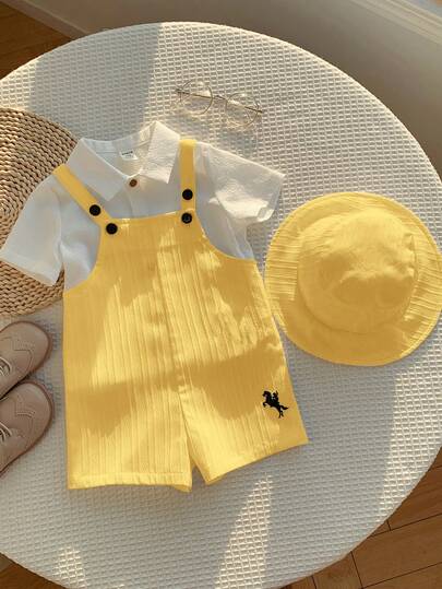 SHEIN Unisex Newborn Baby Boy/Girl Casual Versatile White Romper With Bib Pants And Sun Hat Set, Suitable For Spring/Summer Wear At Home Or Outdoor