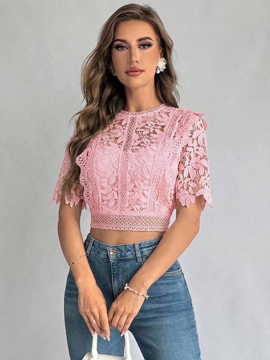 Firerie Camiseta de mujer con transparencia de encaje para el verano - Rosa vieja - Ver 1