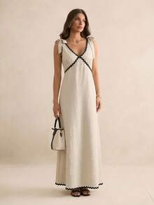 SHEIN Tall Đầm midi không tay phối màu dành cho nữ, kiểu dáng thanh lịch, thích hợp cho kỳ nghỉ hè hoặc đi nghỉ mát. - Màu Khaki - Xem 4