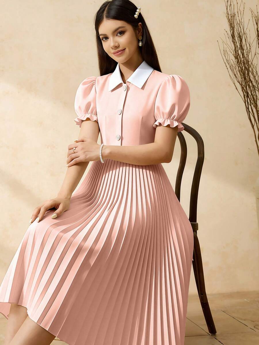 时尚优雅的少女褶皱连衣裙，撞色领口，泡泡袖，中长款，前开襟衬衫裙，适合日常穿着、生日派对以及春夏各种聚会。 - 粉色 - 查看 1