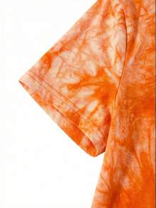 SHEIN EZwear 休闲扎染印花扭结短款T恤，夏季 - 橘色 - 查看 4