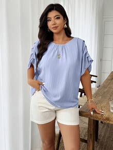 Weeklong Camisa casual holgada con cuello redondo y mangas fruncidas para mujer talla grande, para primavera/verano - Celeste - Ver 4