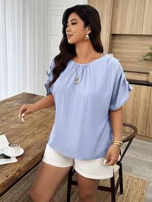 Weeklong Camisa casual holgada con cuello redondo y mangas fruncidas para mujer talla grande, para primavera/verano - Celeste - Ver 6