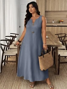 Breezaya 大码女式夏季休闲度假日常通勤简约纯色V领无袖纽扣装饰宽松连衣裙 - 霧霾藍 - 查看 4
